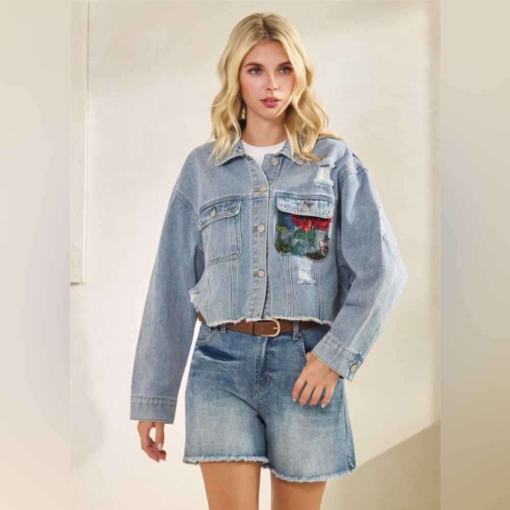 J44. Embellished Light Blue Denim Jacket with Floral Sequin Back - Picture 2 of 2